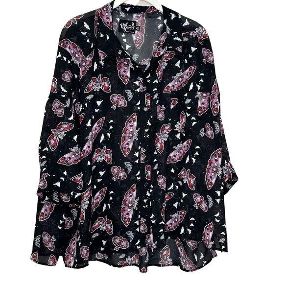 Hell Bunny Shirt Womens XL Black Sheer Moth Butterfly Print Button Up Gothic Top - Picture 1 of 9